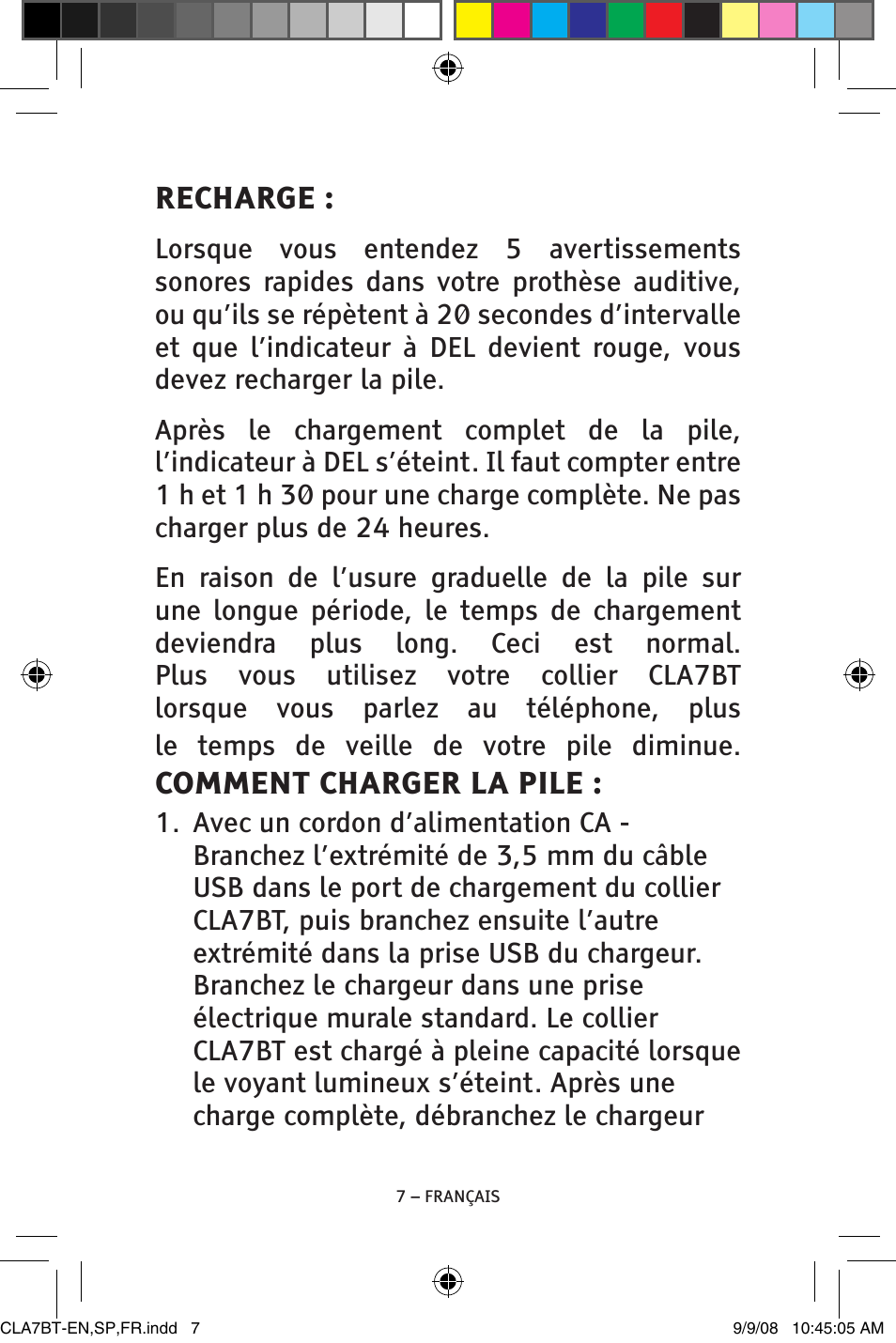 Recharge, Comment charger la pile | ClearSounds CS-CLA7BT User Manual | Page 57 / 76