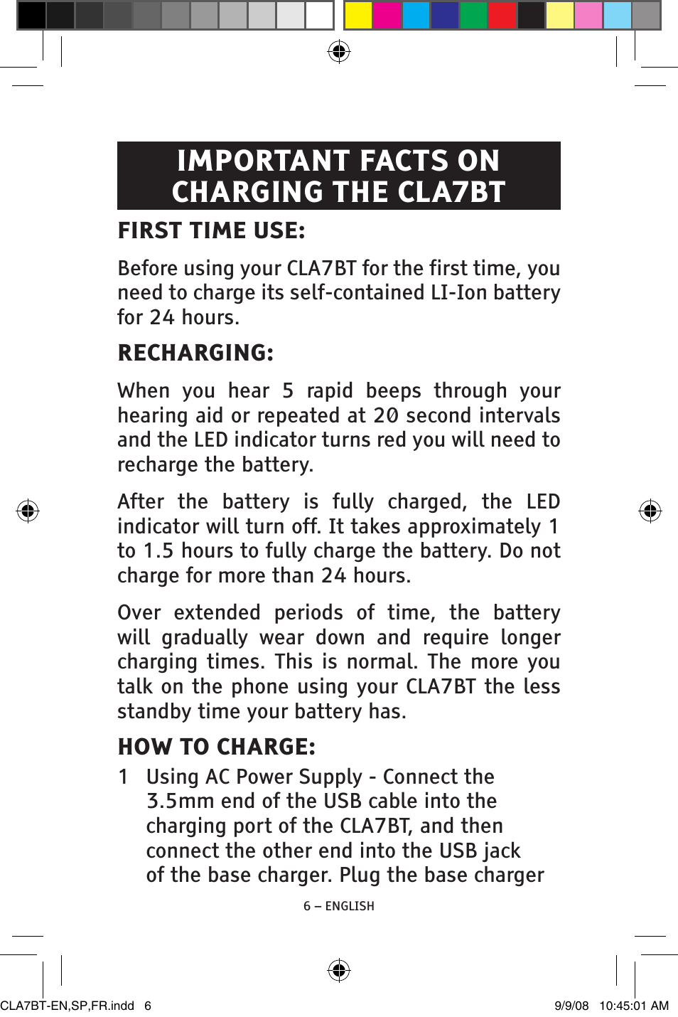 Important facts on charging the cla7bt | ClearSounds CS-CLA7BT User Manual | Page 6 / 76