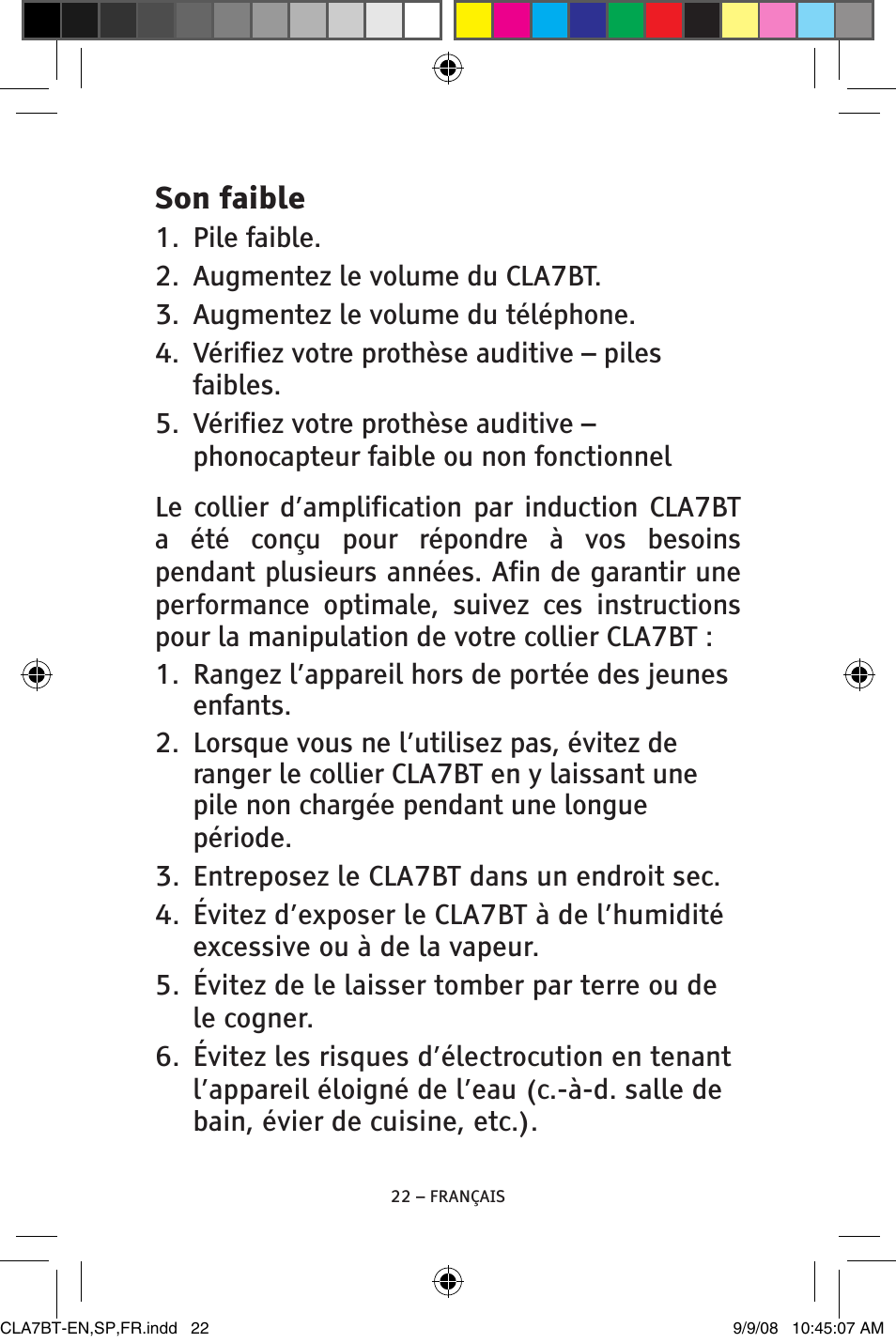 Son faible | ClearSounds CS-CLA7BT User Manual | Page 72 / 76