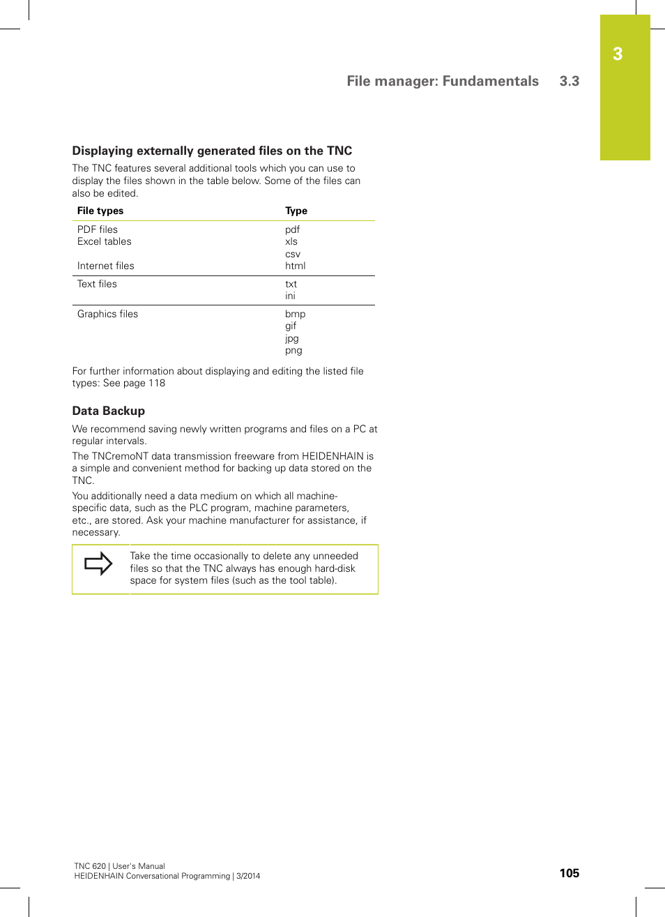 Displaying externally generated files on the tnc, Data backup, File manager: fundamentals 3.3 | HEIDENHAIN TNC 620 (81760x-01) User Manual | Page 105 / 616