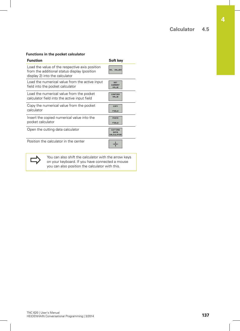 Calculator 4.5 | HEIDENHAIN TNC 620 (81760x-01) User Manual | Page 137 / 616