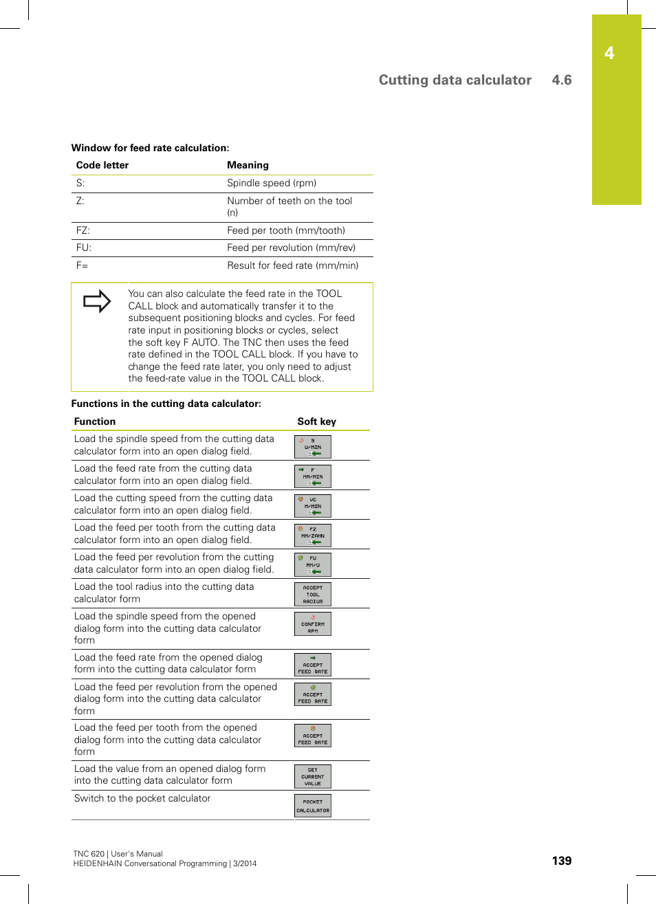 Cutting data calculator 4.6 | HEIDENHAIN TNC 620 (81760x-01) User Manual | Page 139 / 616