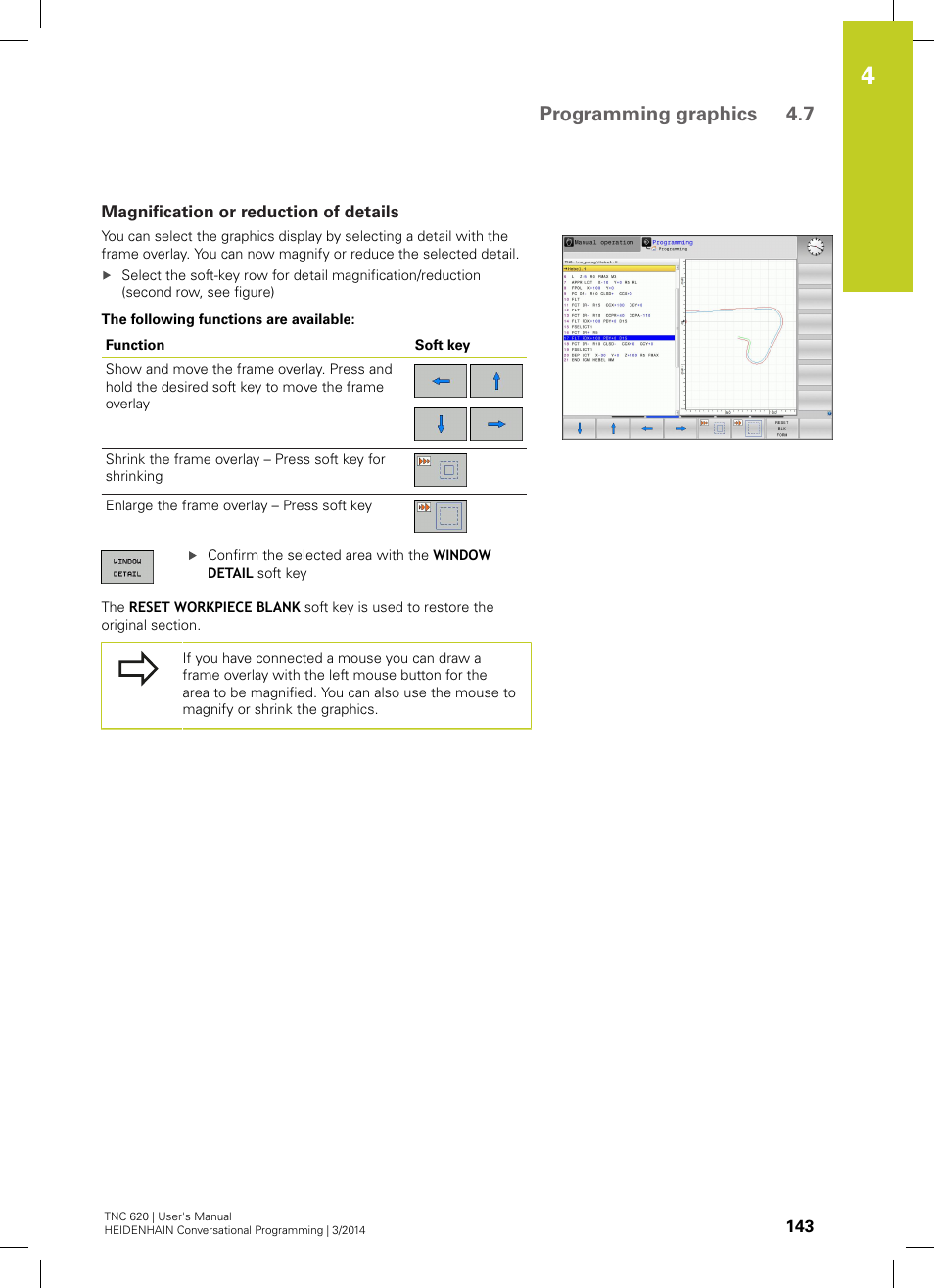 Magnification or reduction of details, Programming graphics 4.7 | HEIDENHAIN TNC 620 (81760x-01) User Manual | Page 143 / 616