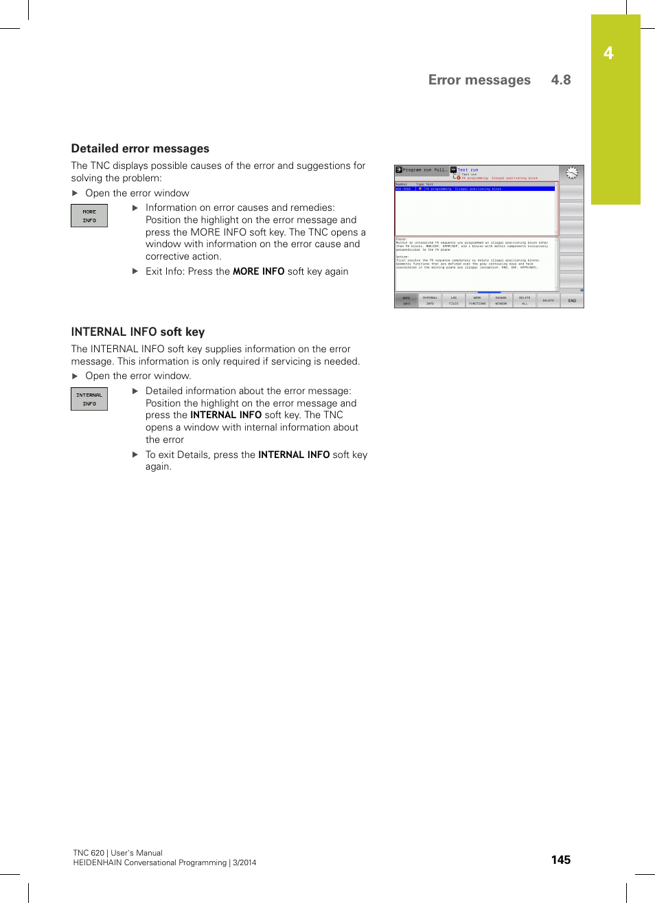 Detailed error messages, Internal info soft key, Error messages 4.8 | HEIDENHAIN TNC 620 (81760x-01) User Manual | Page 145 / 616