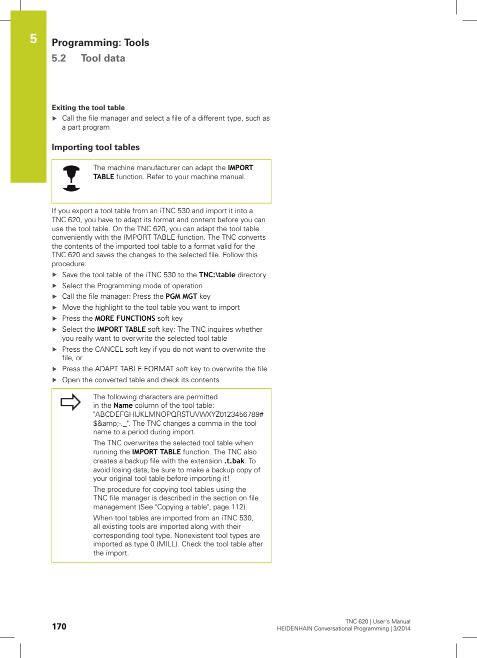 Importing tool tables, Programming: tools 5.2 tool data | HEIDENHAIN TNC 620 (81760x-01) User Manual | Page 170 / 616