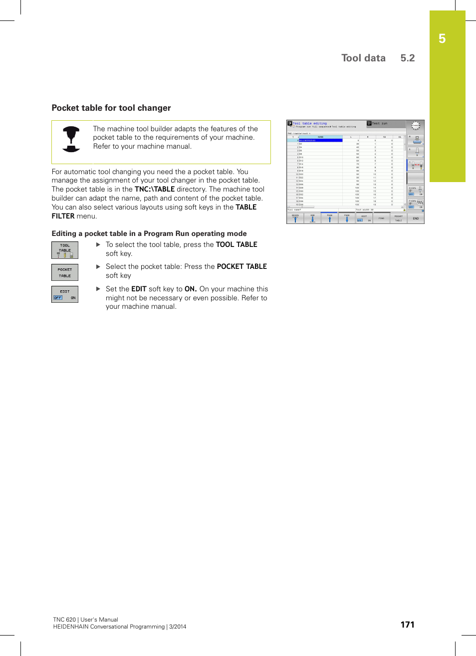 Pocket table for tool changer, Able: see "pocket table for tool, Tool data 5.2 | HEIDENHAIN TNC 620 (81760x-01) User Manual | Page 171 / 616