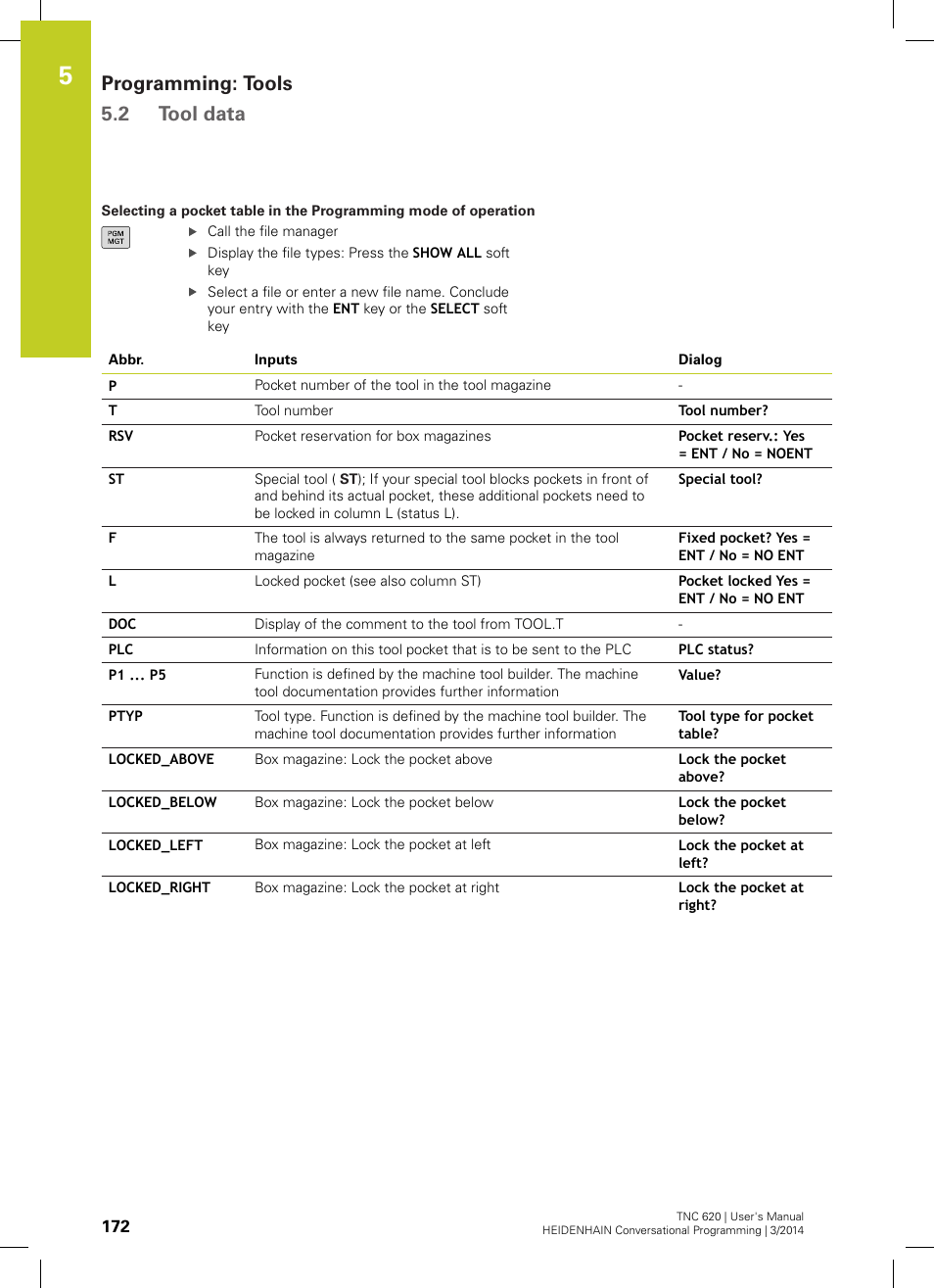 Programming: tools 5.2 tool data | HEIDENHAIN TNC 620 (81760x-01) User Manual | Page 172 / 616