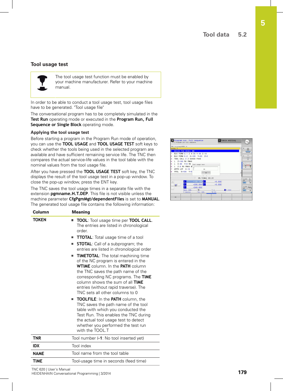 Tool usage test, Tool data 5.2 | HEIDENHAIN TNC 620 (81760x-01) User Manual | Page 179 / 616