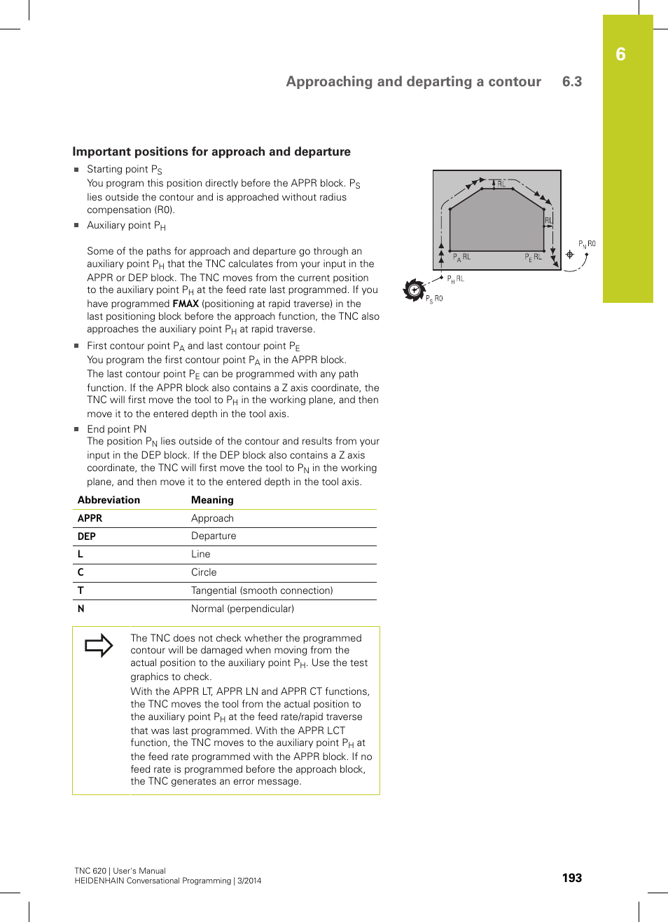 Important positions for approach and departure, Approaching and departing a contour 6.3 | HEIDENHAIN TNC 620 (81760x-01) User Manual | Page 193 / 616