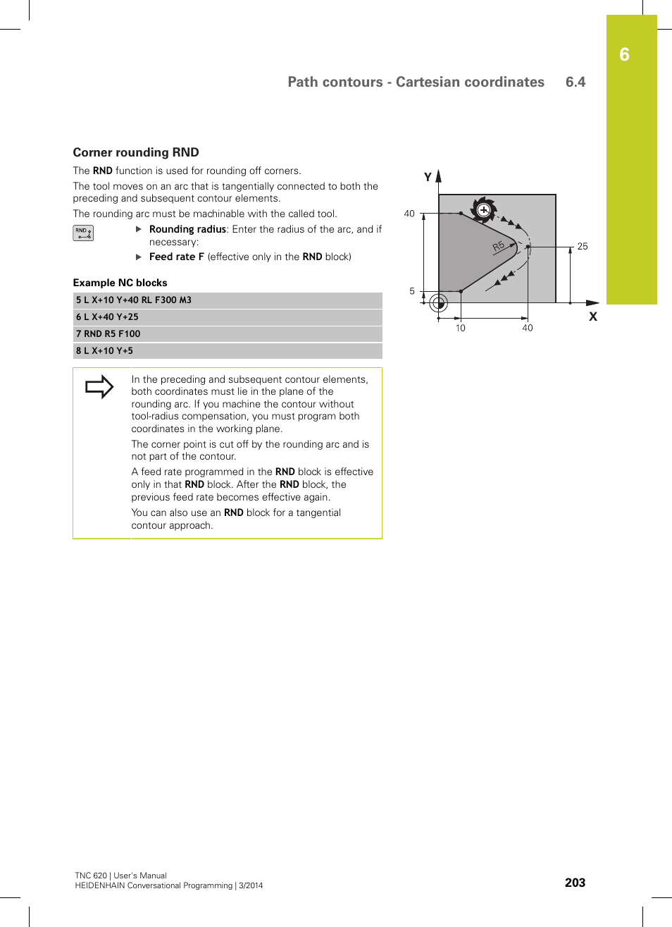 Corner rounding rnd, Path contours - cartesian coordinates 6.4 | HEIDENHAIN TNC 620 (81760x-01) User Manual | Page 203 / 616