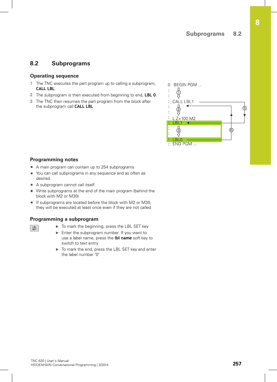 2 subprograms, Operating sequence, Programming notes | Programming a subprogram, Subprograms, Subprograms 8.2 | HEIDENHAIN TNC 620 (81760x-01) User Manual | Page 257 / 616