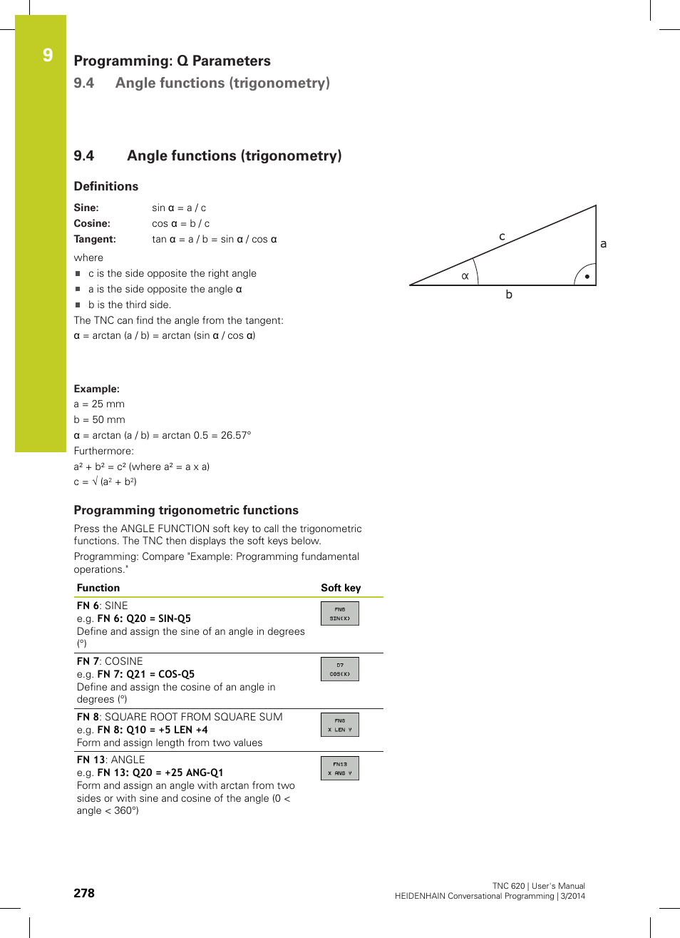 4 angle functions (trigonometry), Definitions, Programming trigonometric functions | Angle functions (trigonometry) | HEIDENHAIN TNC 620 (81760x-01) User Manual | Page 278 / 616