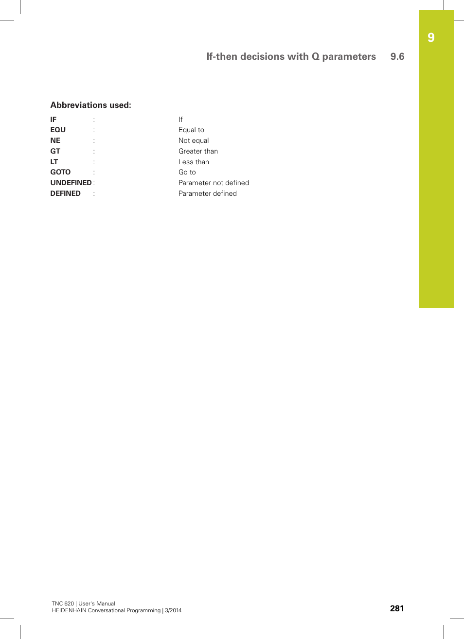 Abbreviations used, If-then decisions with q parameters 9.6 | HEIDENHAIN TNC 620 (81760x-01) User Manual | Page 281 / 616