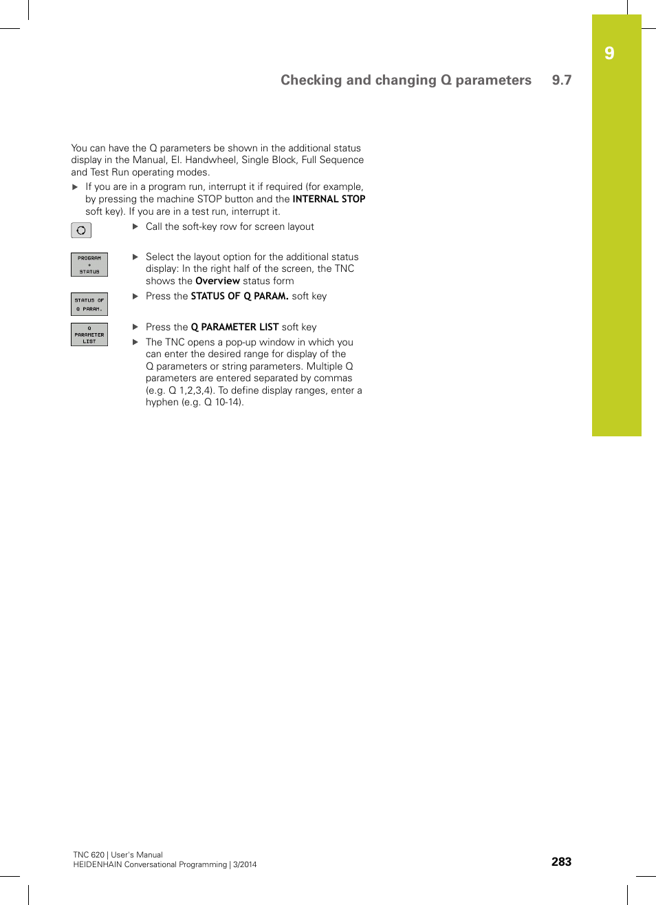 Checking and changing q parameters 9.7 | HEIDENHAIN TNC 620 (81760x-01) User Manual | Page 283 / 616