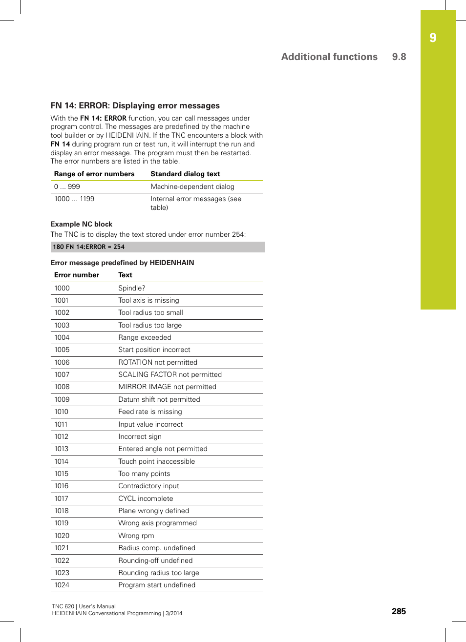 Fn 14: error: displaying error messages, Additional functions 9.8 | HEIDENHAIN TNC 620 (81760x-01) User Manual | Page 285 / 616