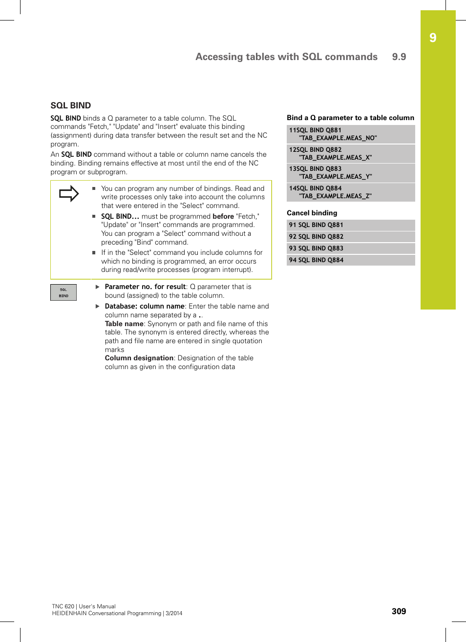 Sql bind, Accessing tables with sql commands 9.9 | HEIDENHAIN TNC 620 (81760x-01) User Manual | Page 309 / 616