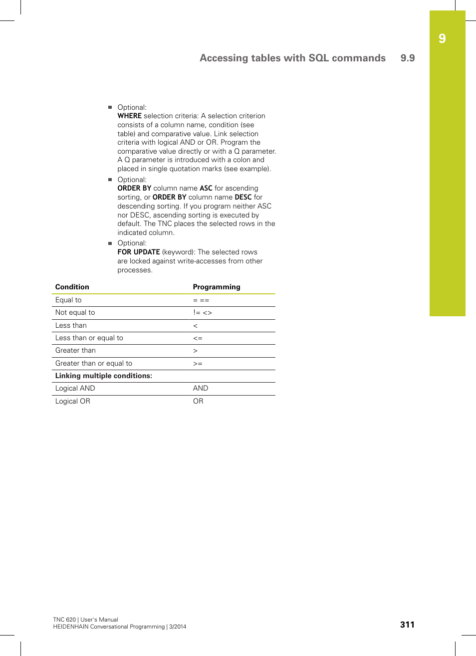 Accessing tables with sql commands 9.9 | HEIDENHAIN TNC 620 (81760x-01) User Manual | Page 311 / 616