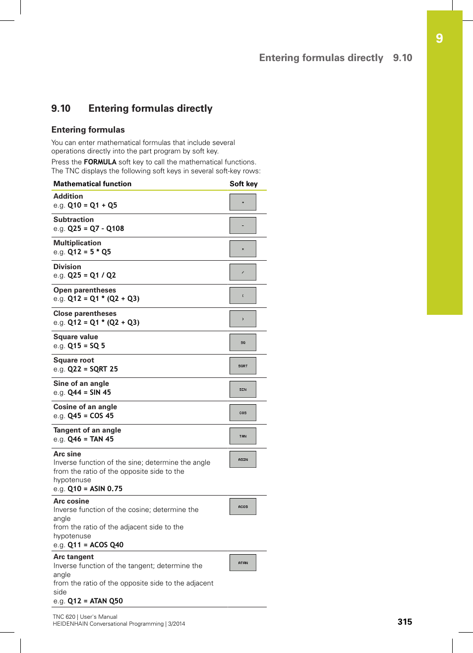 10 entering formulas directly, Entering formulas, Entering formulas directly | Entering formulas directly 9.10 | HEIDENHAIN TNC 620 (81760x-01) User Manual | Page 315 / 616