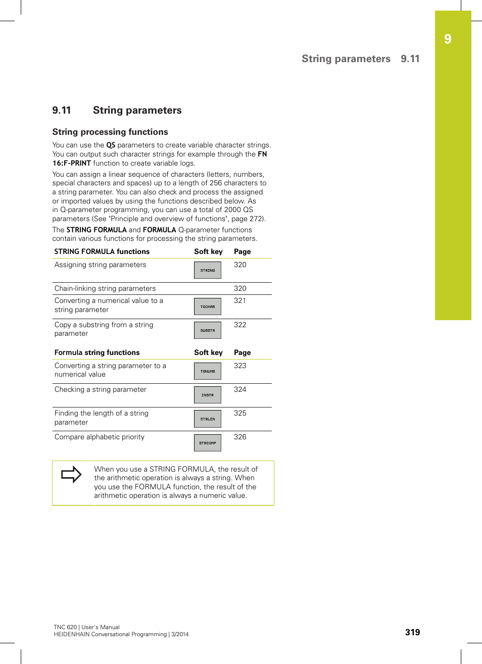 11 string parameters, String processing functions, String parameters | String parameters 9.11 | HEIDENHAIN TNC 620 (81760x-01) User Manual | Page 319 / 616