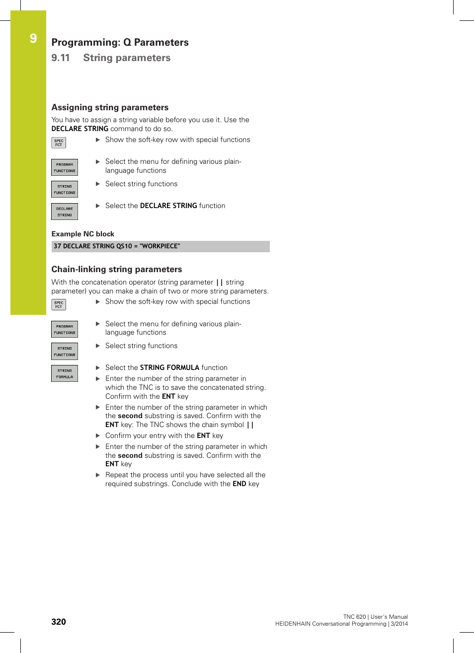 Assigning string parameters, Chain-linking string parameters, Programming: q parameters 9.11 string parameters | HEIDENHAIN TNC 620 (81760x-01) User Manual | Page 320 / 616