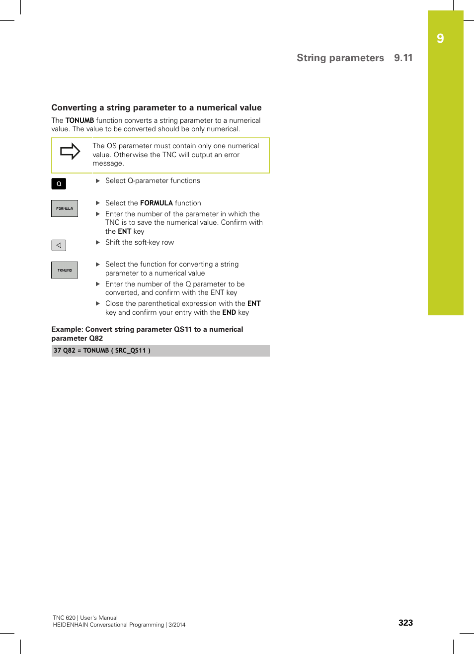 Converting a string parameter to a numerical value, String parameters 9.11 | HEIDENHAIN TNC 620 (81760x-01) User Manual | Page 323 / 616