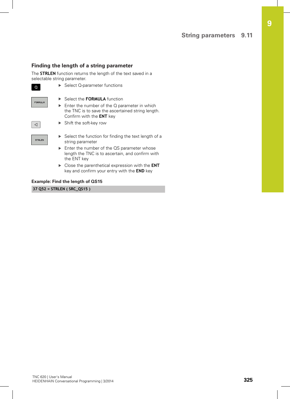 Finding the length of a string parameter, String parameters 9.11 | HEIDENHAIN TNC 620 (81760x-01) User Manual | Page 325 / 616