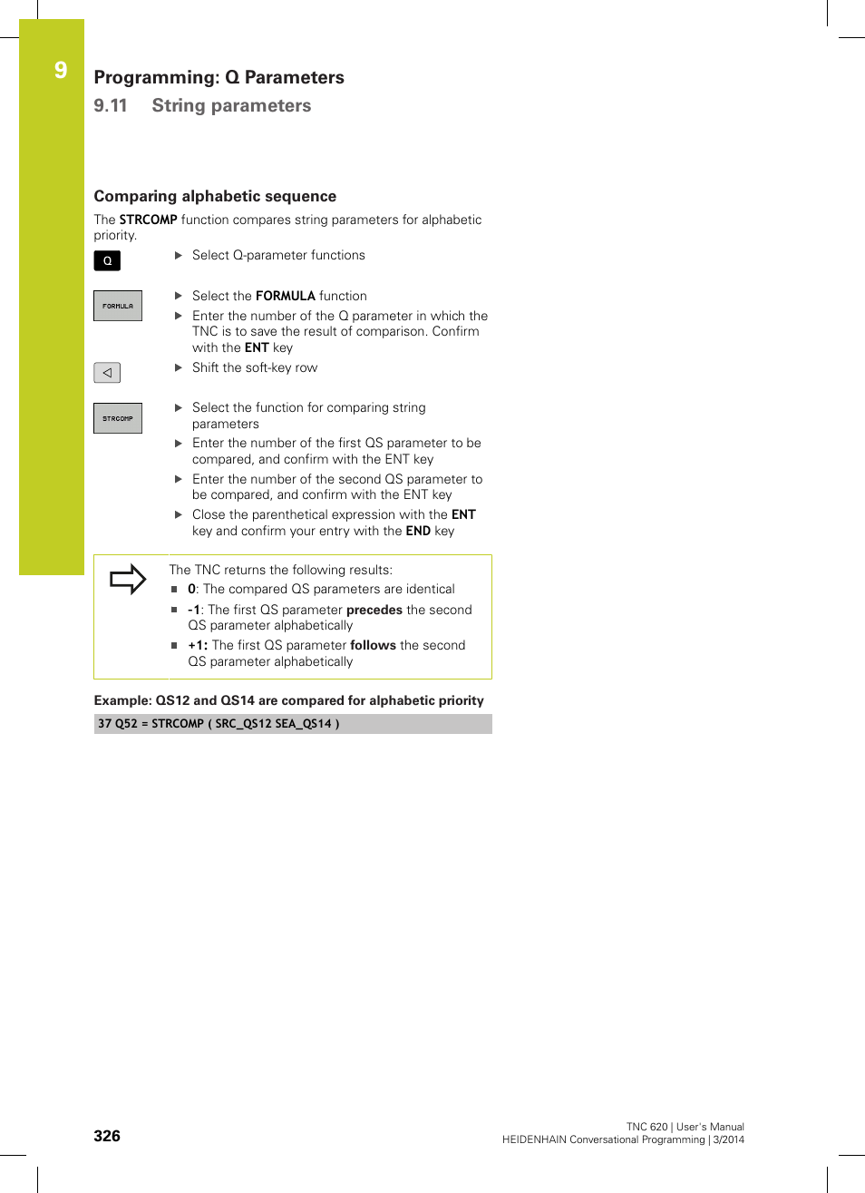 Comparing alphabetic sequence, Programming: q parameters 9.11 string parameters | HEIDENHAIN TNC 620 (81760x-01) User Manual | Page 326 / 616