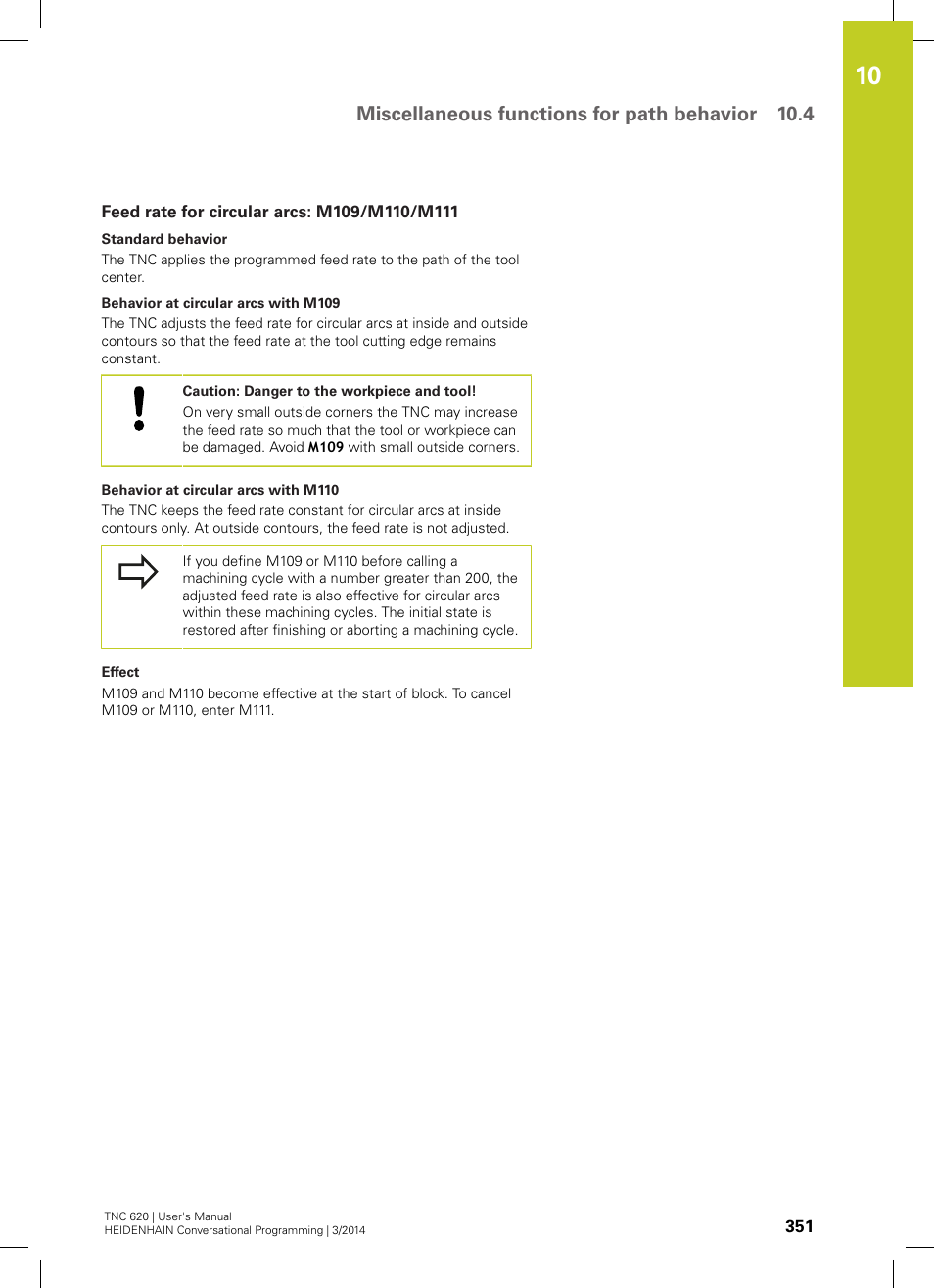 Feed rate for circular arcs: m109/m110/m111, Miscellaneous functions for path behavior 10.4 | HEIDENHAIN TNC 620 (81760x-01) User Manual | Page 351 / 616