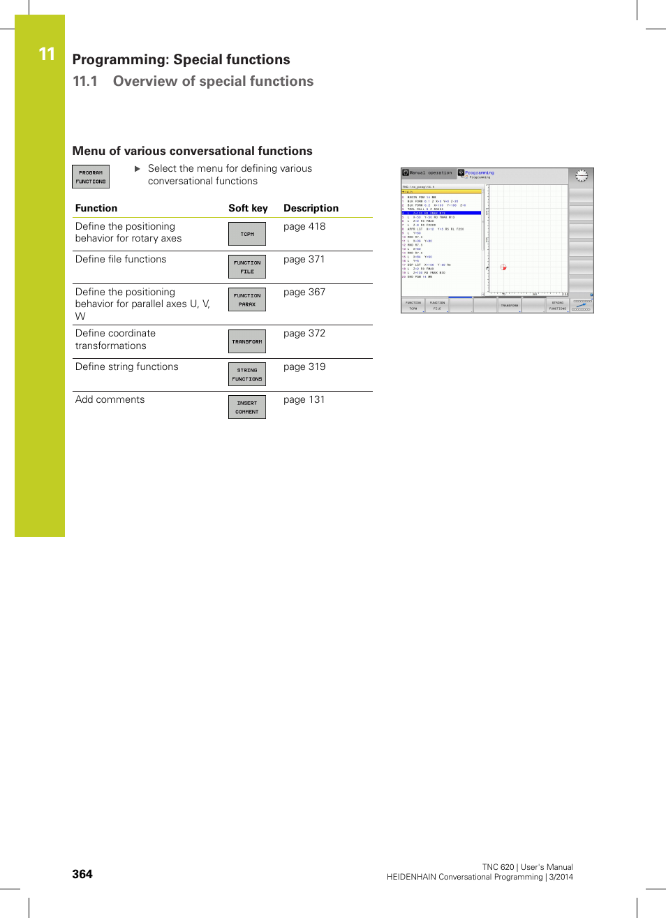 Menu of various conversational functions | HEIDENHAIN TNC 620 (81760x-01) User Manual | Page 364 / 616