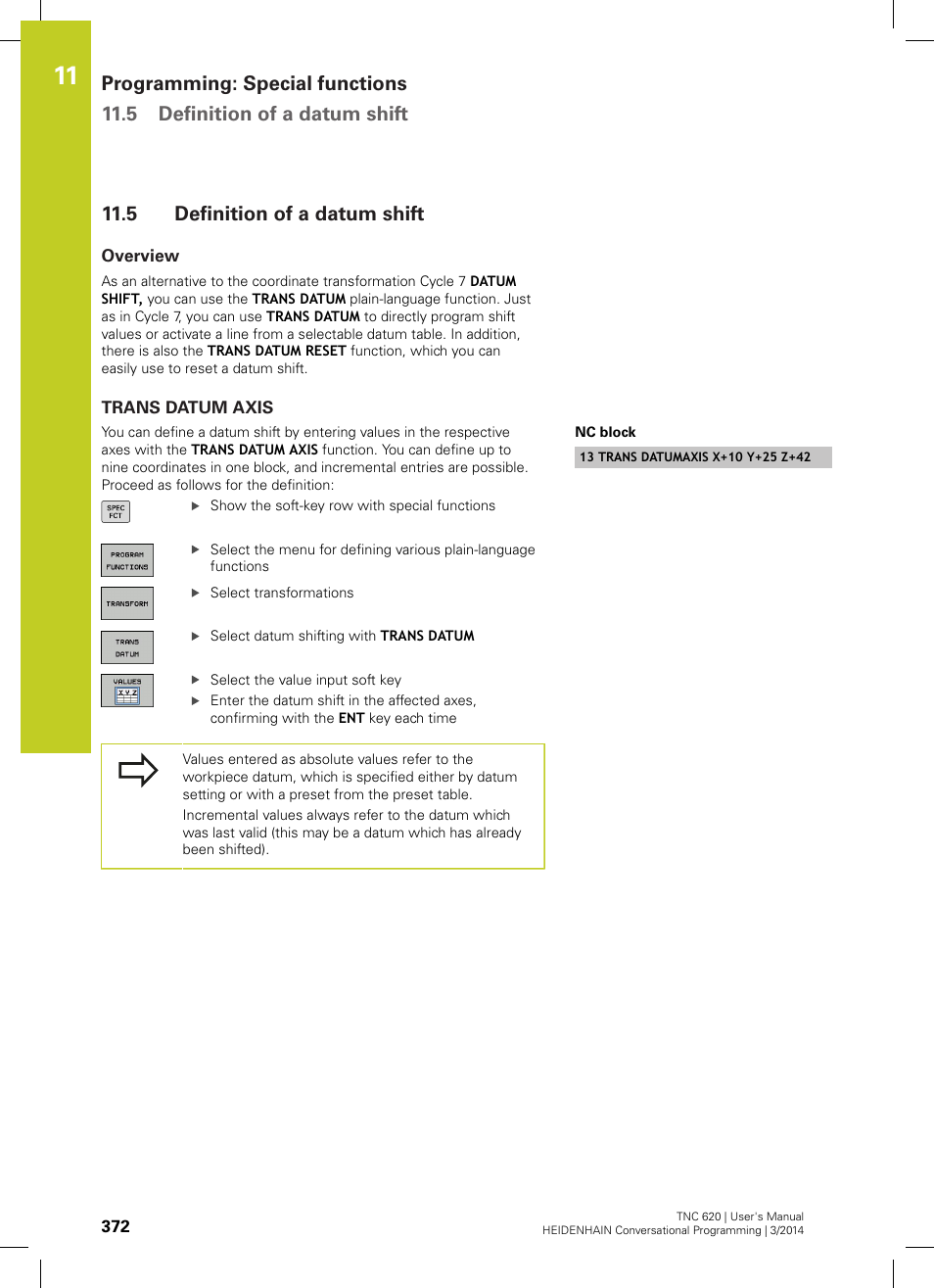 5 definition of a datum shift, Overview, Trans datum axis | Definition of a datum shift | HEIDENHAIN TNC 620 (81760x-01) User Manual | Page 372 / 616