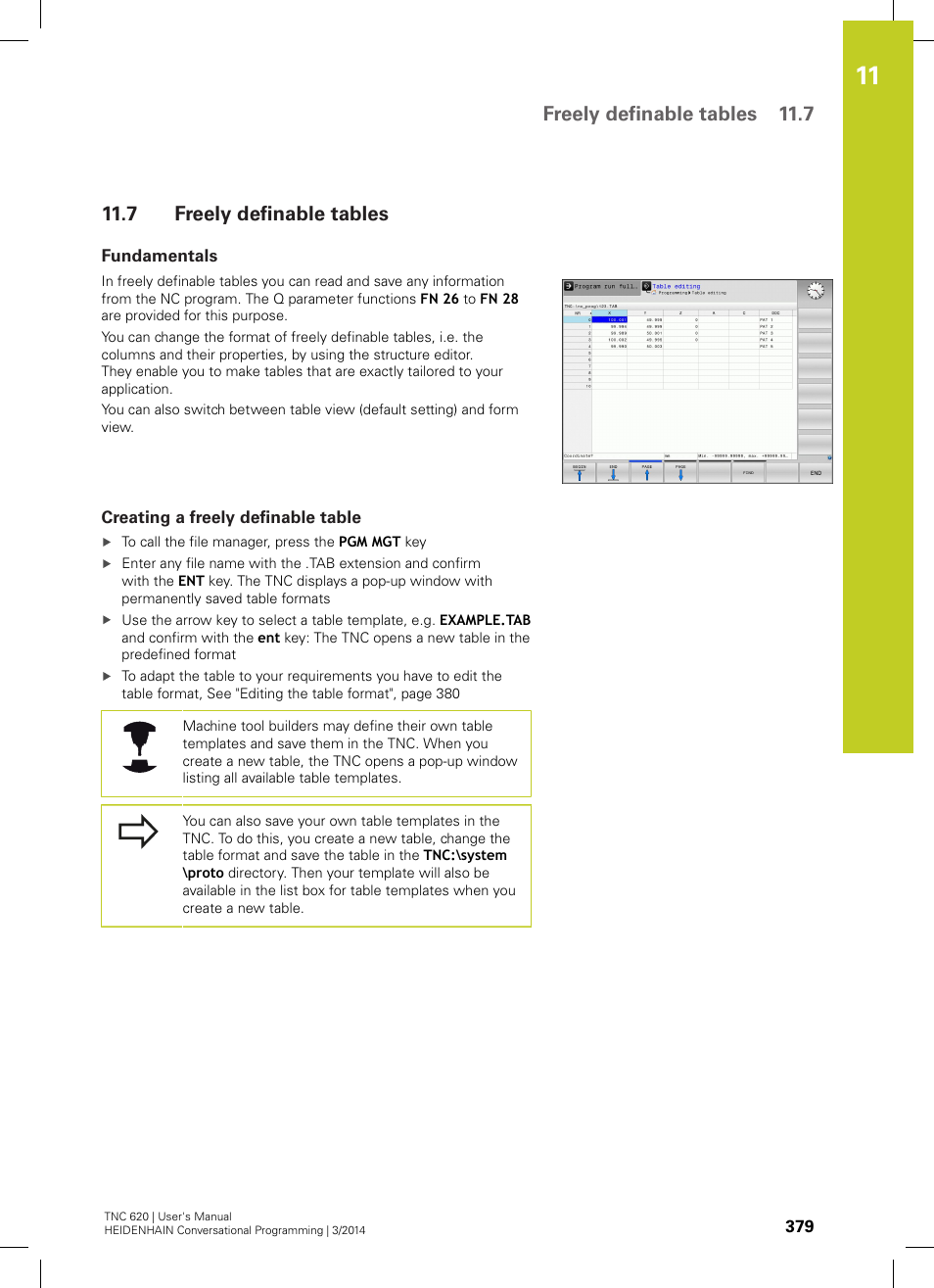 7 freely definable tables, Fundamentals, Creating a freely definable table | Freely definable, Freely definable tables, Freely definable tables 11.7 | HEIDENHAIN TNC 620 (81760x-01) User Manual | Page 379 / 616