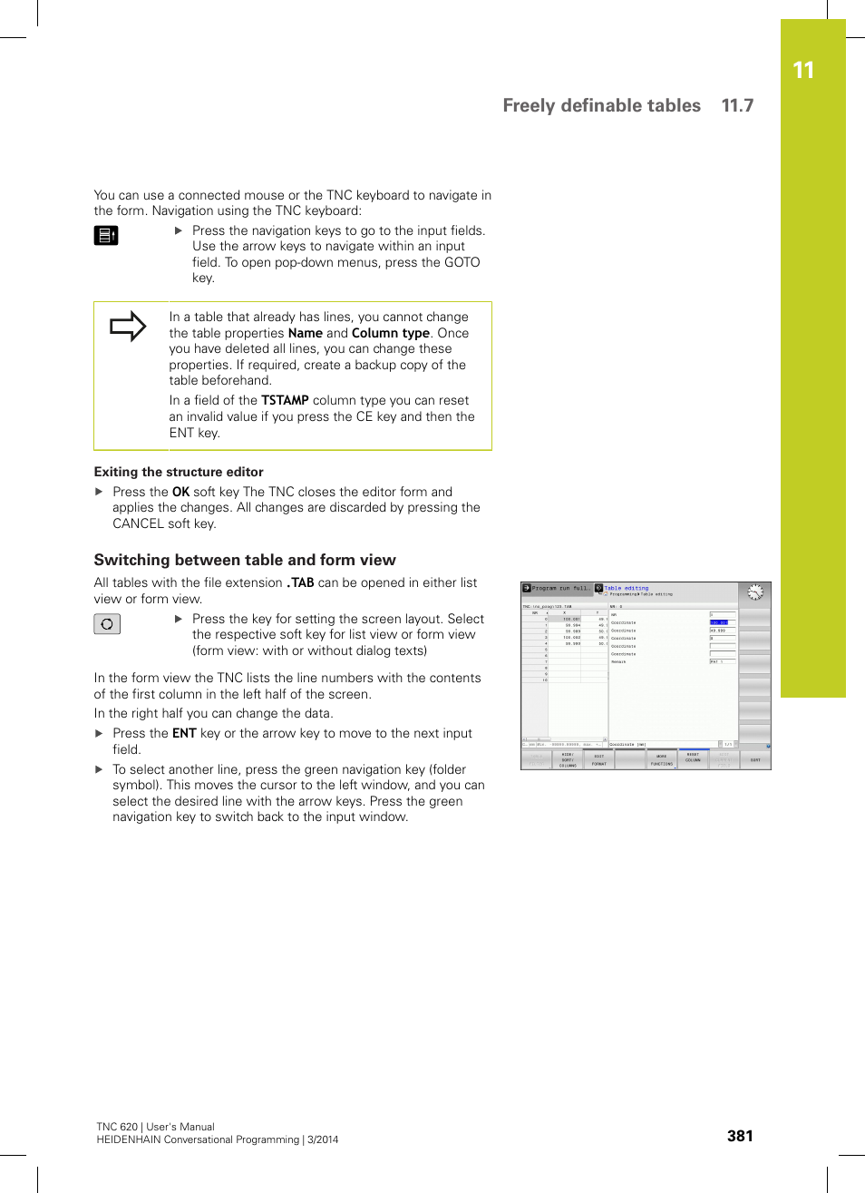 Switching between table and form view, Freely definable tables 11.7 | HEIDENHAIN TNC 620 (81760x-01) User Manual | Page 381 / 616