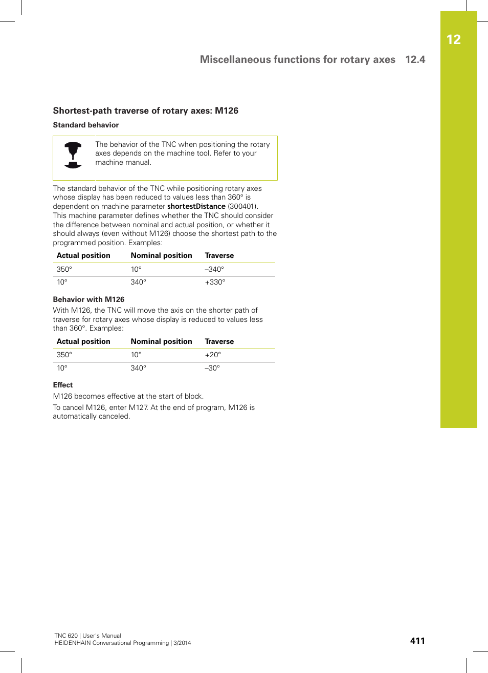 Shortest-path traverse of rotary axes: m126, Miscellaneous functions for rotary axes 12.4 | HEIDENHAIN TNC 620 (81760x-01) User Manual | Page 411 / 616