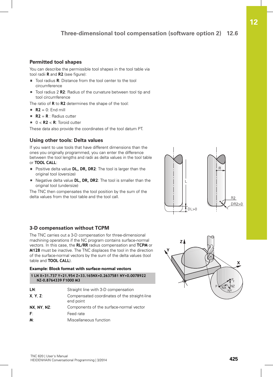 Permitted tool shapes, Using other tools: delta values, D compensation without tcpm | HEIDENHAIN TNC 620 (81760x-01) User Manual | Page 425 / 616