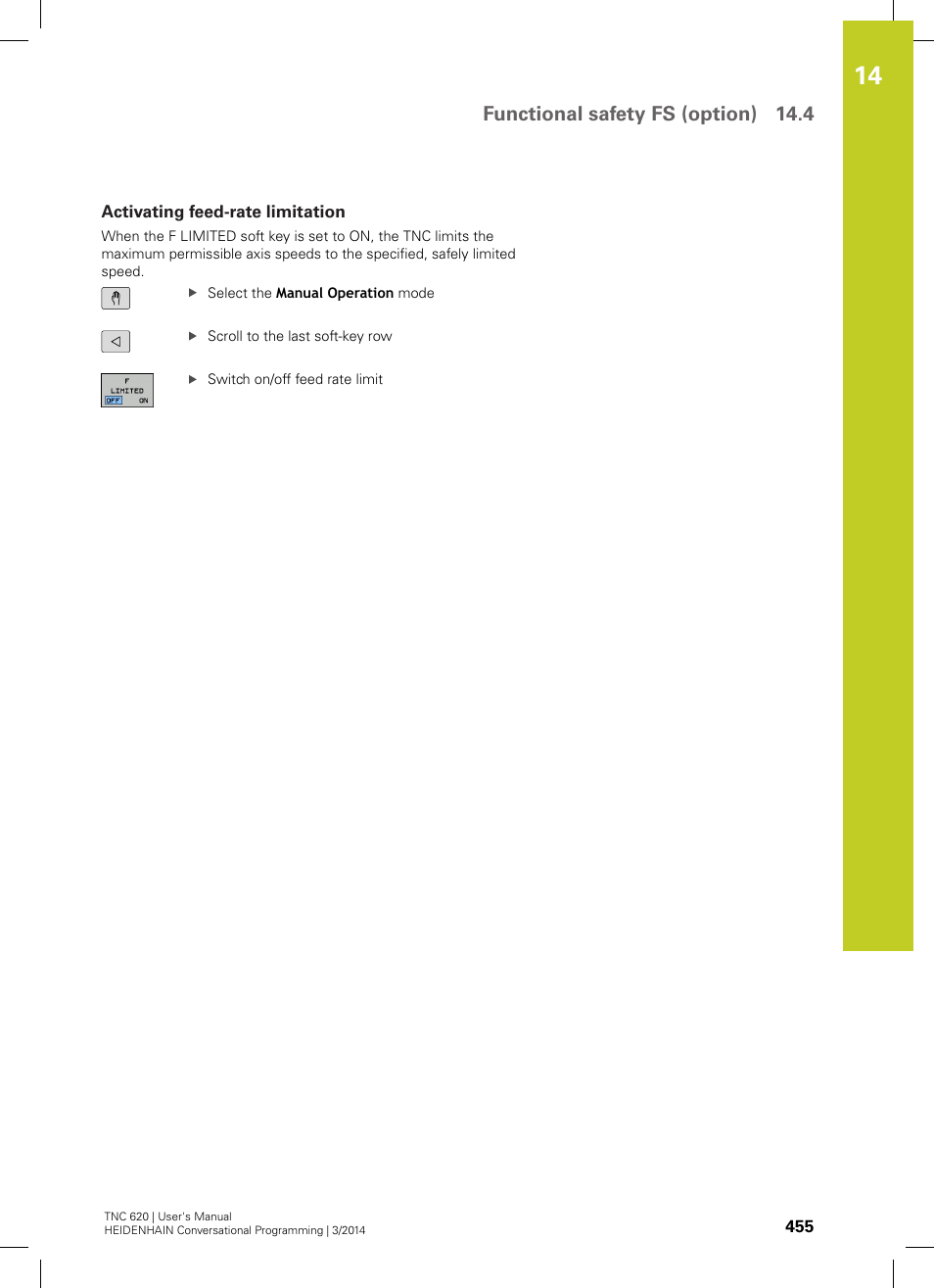 Activating feed-rate limitation, Functional safety fs (option) 14.4 | HEIDENHAIN TNC 620 (81760x-01) User Manual | Page 455 / 616