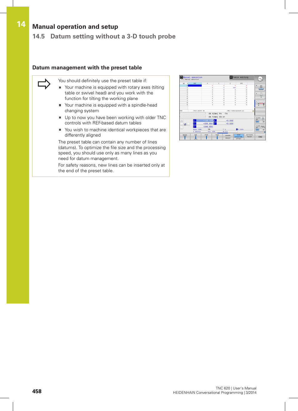 Datum management with the preset table | HEIDENHAIN TNC 620 (81760x-01) User Manual | Page 458 / 616