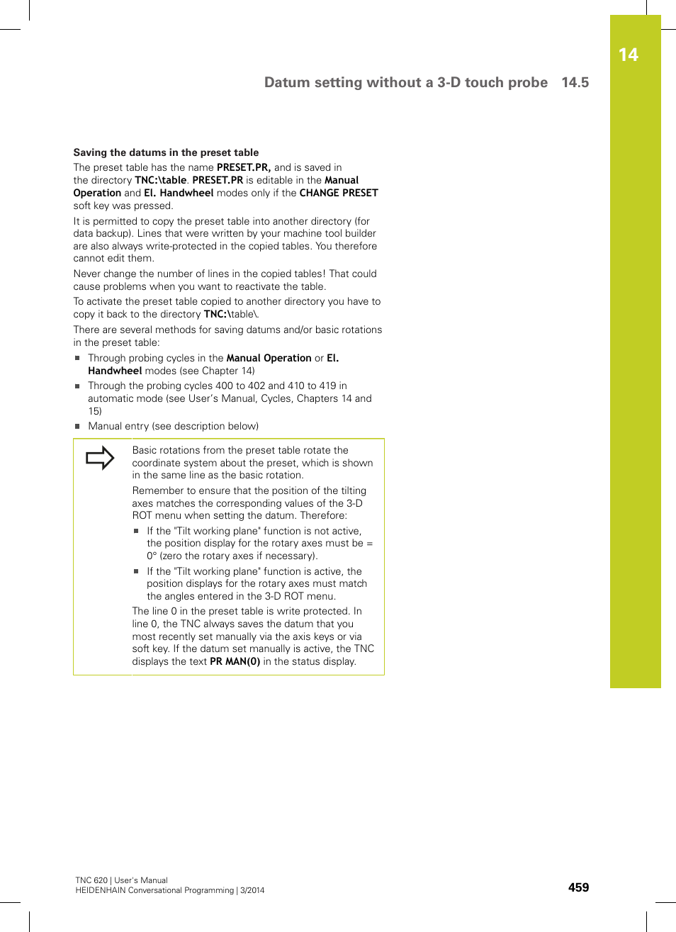 Datum setting without a 3-d touch probe 14.5 | HEIDENHAIN TNC 620 (81760x-01) User Manual | Page 459 / 616