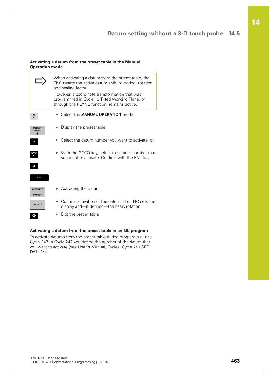 Datum setting without a 3-d touch probe 14.5 | HEIDENHAIN TNC 620 (81760x-01) User Manual | Page 463 / 616