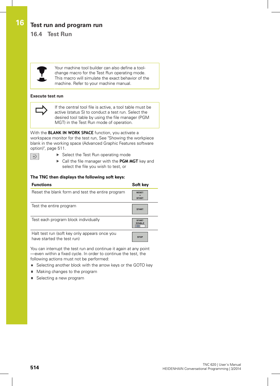 Test run and program run 16.4 test run | HEIDENHAIN TNC 620 (81760x-01) User Manual | Page 514 / 616