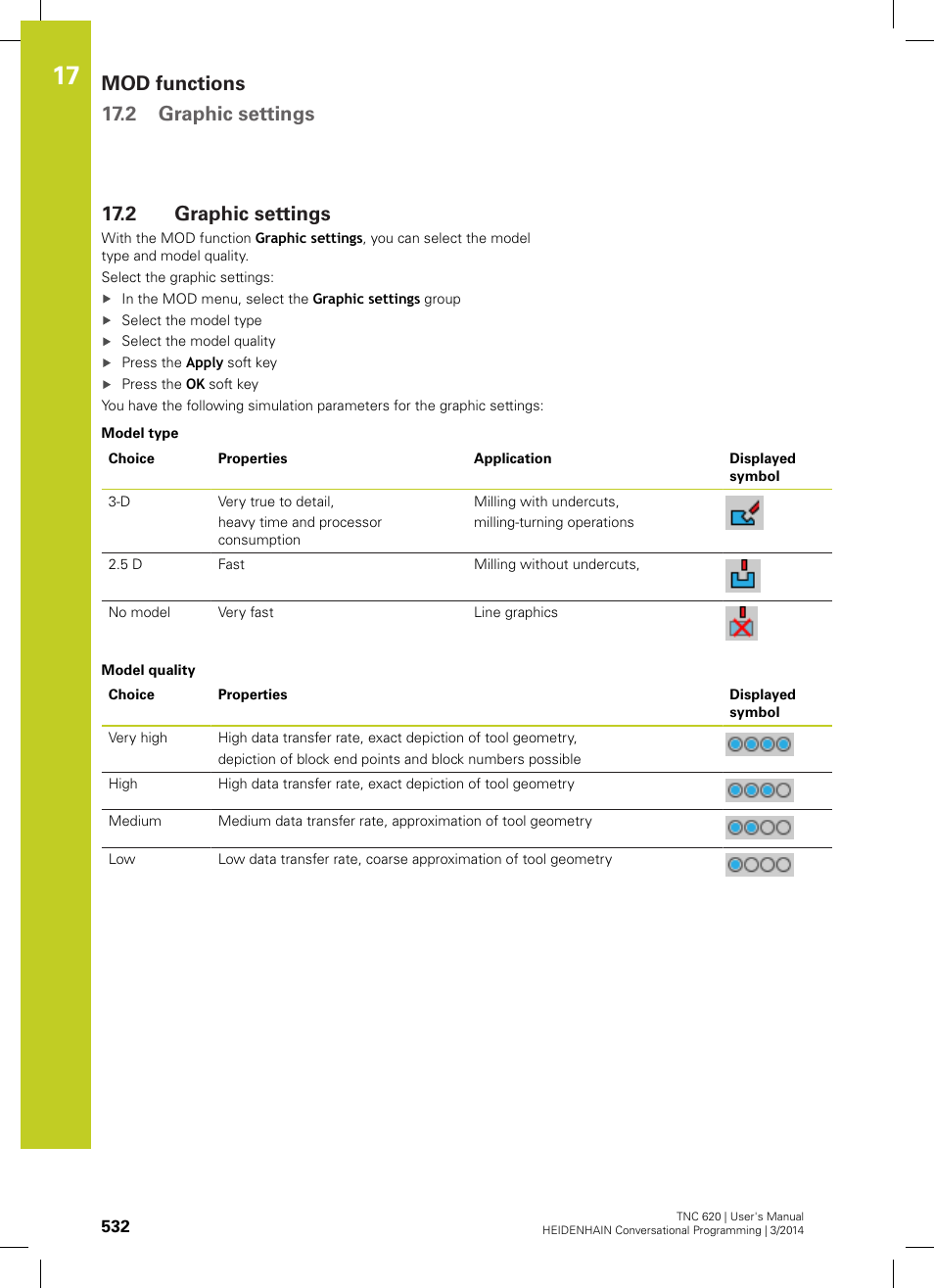 2 graphic settings, Tings" ("graphic settings, Graphic settings | Mod functions 17.2 graphic settings | HEIDENHAIN TNC 620 (81760x-01) User Manual | Page 532 / 616