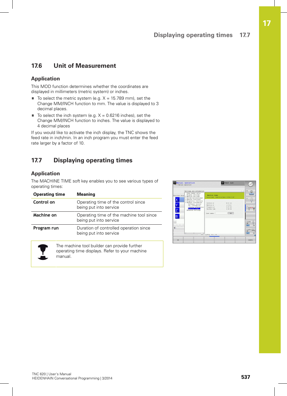 6 unit of measurement, Application, 7 displaying operating times | Unit of measurement, Displaying operating times, Displaying operating times 17.7 | HEIDENHAIN TNC 620 (81760x-01) User Manual | Page 537 / 616