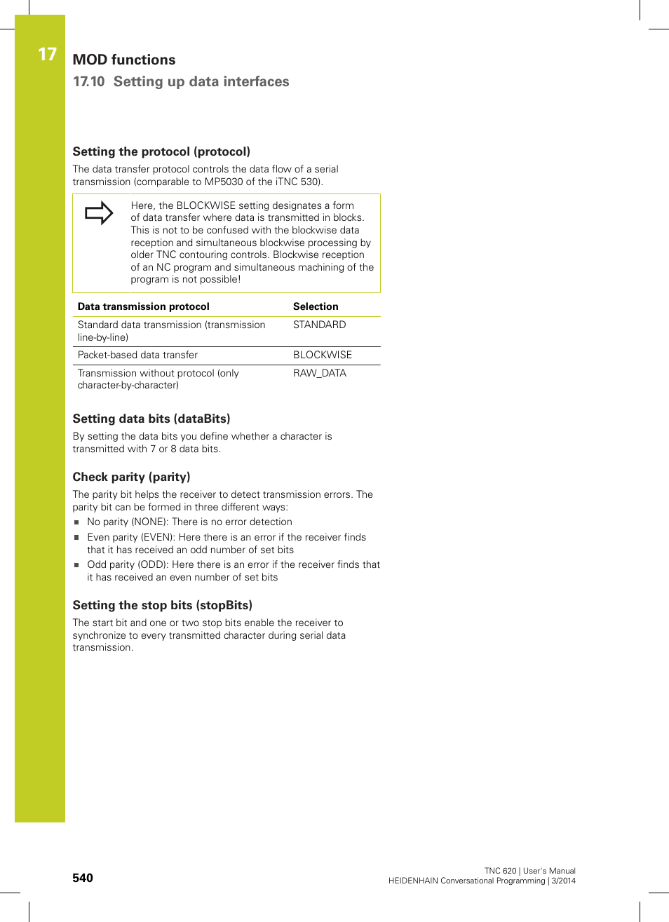 Setting the protocol (protocol), Setting data bits (databits), Check parity (parity) | Setting the stop bits (stopbits), Mod functions 17.10 setting up data interfaces | HEIDENHAIN TNC 620 (81760x-01) User Manual | Page 540 / 616