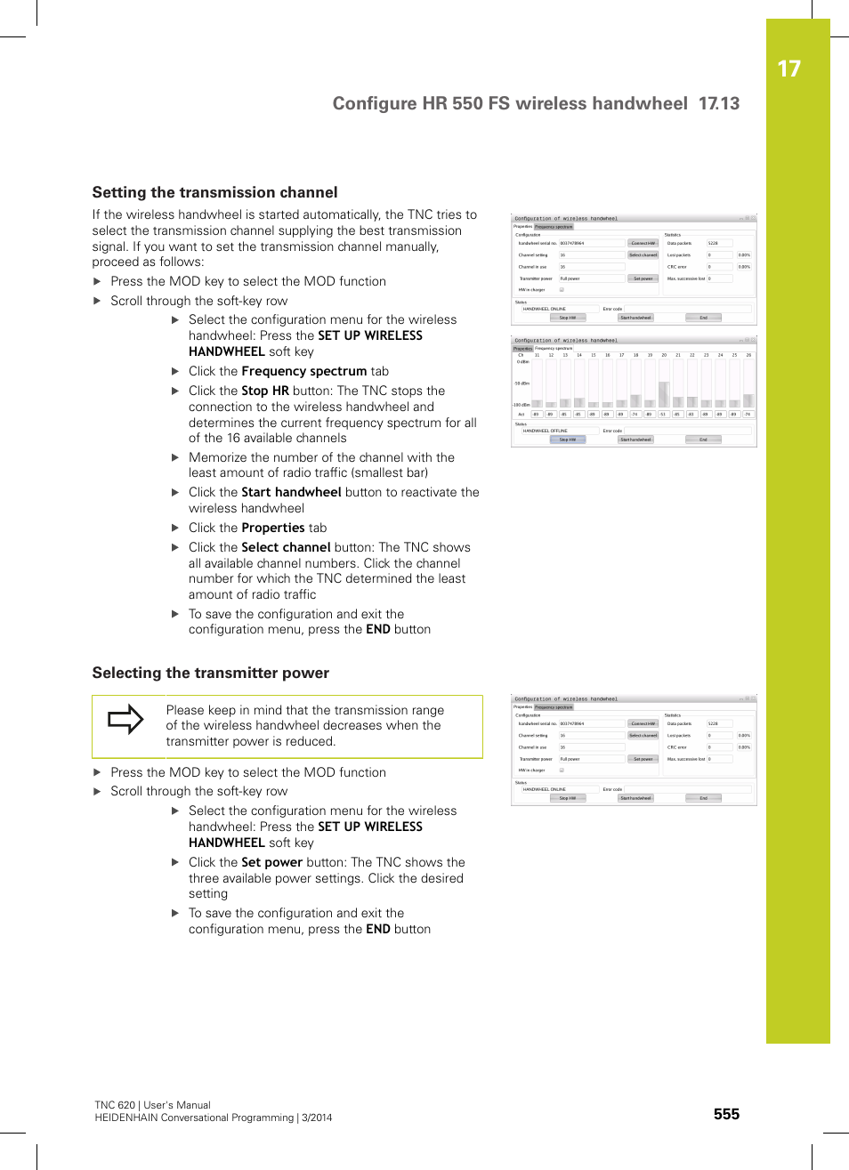 Setting the transmission channel, Selecting the transmitter power | HEIDENHAIN TNC 620 (81760x-01) User Manual | Page 555 / 616