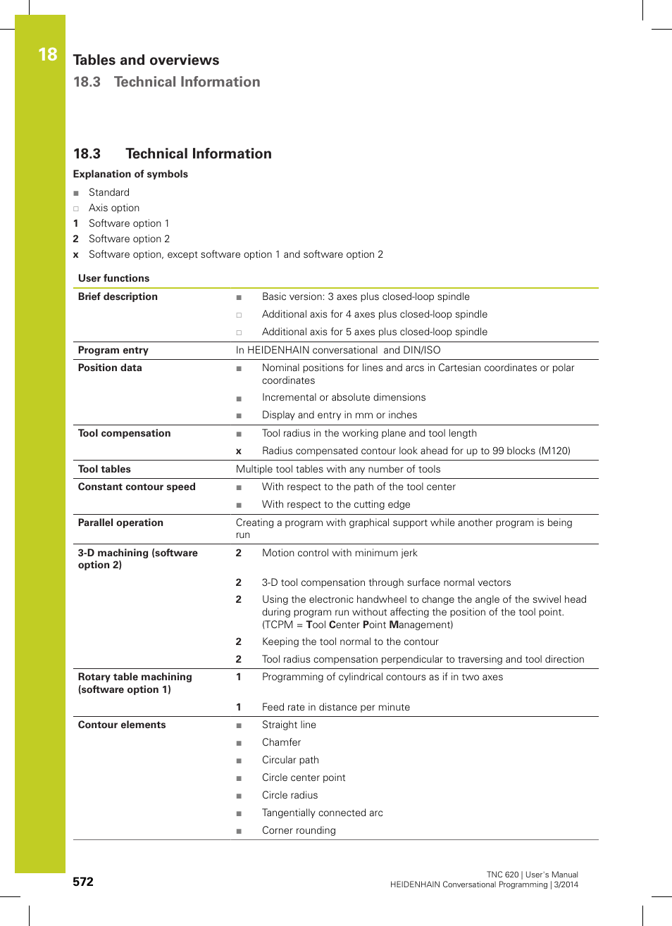 3 technical information, Technical information, Tables and overviews 18.3 technical information | HEIDENHAIN TNC 620 (81760x-01) User Manual | Page 572 / 616