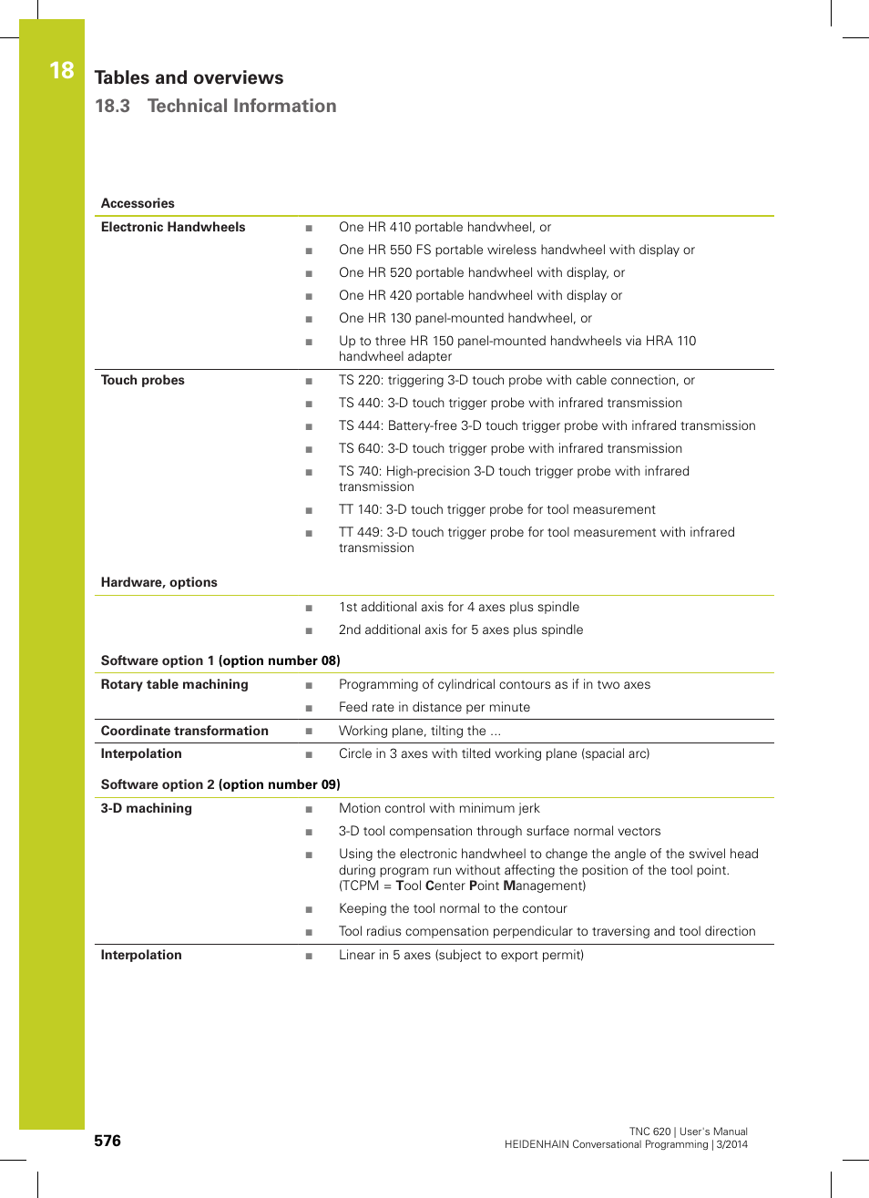 Tables and overviews 18.3 technical information | HEIDENHAIN TNC 620 (81760x-01) User Manual | Page 576 / 616