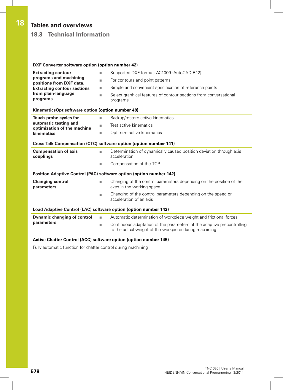 Tables and overviews 18.3 technical information | HEIDENHAIN TNC 620 (81760x-01) User Manual | Page 578 / 616