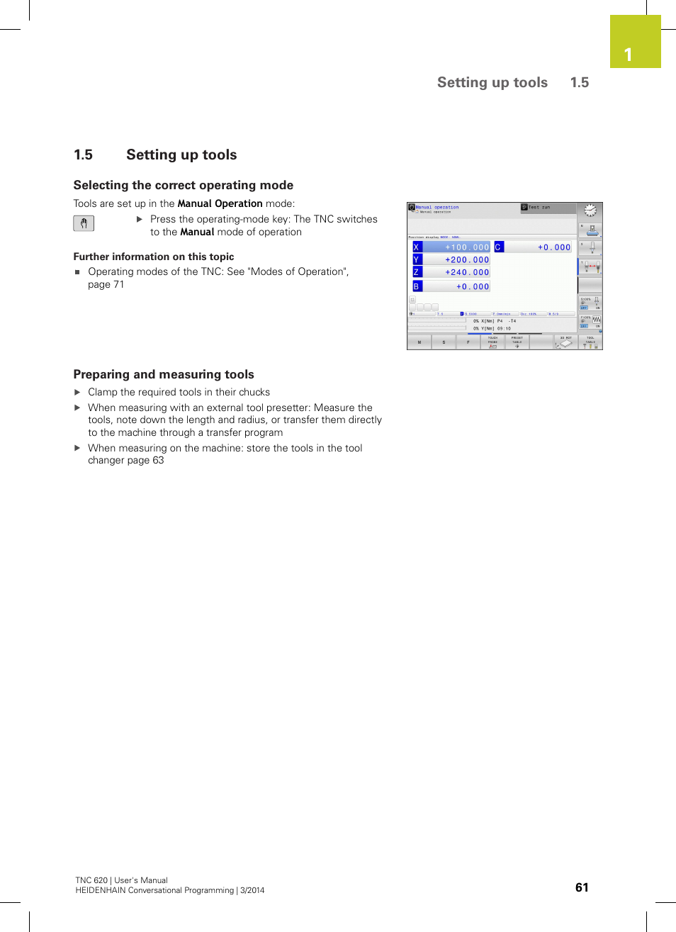 5 setting up tools, Selecting the correct operating mode, Preparing and measuring tools | Setting up tools, Setting up tools 1.5 | HEIDENHAIN TNC 620 (81760x-01) User Manual | Page 61 / 616