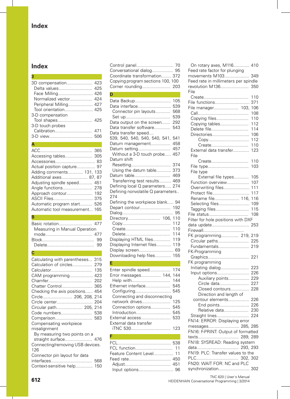 Index | HEIDENHAIN TNC 620 (81760x-01) User Manual | Page 612 / 616