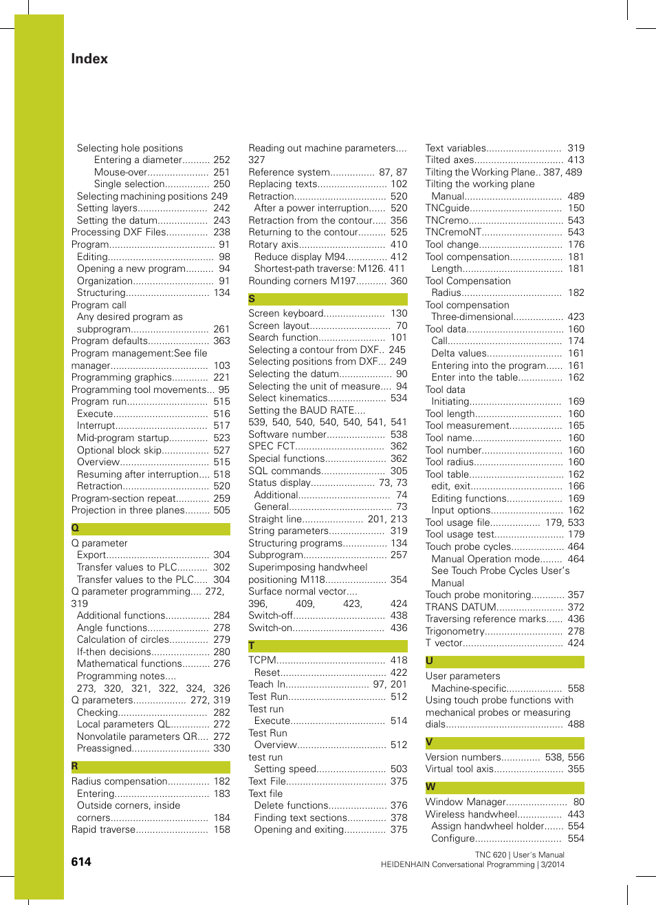 Index | HEIDENHAIN TNC 620 (81760x-01) User Manual | Page 614 / 616