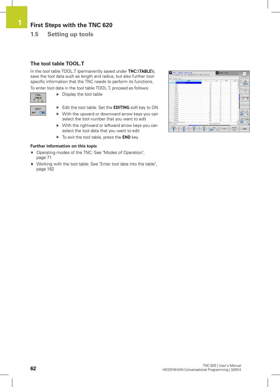 The tool table tool.t | HEIDENHAIN TNC 620 (81760x-01) User Manual | Page 62 / 616
